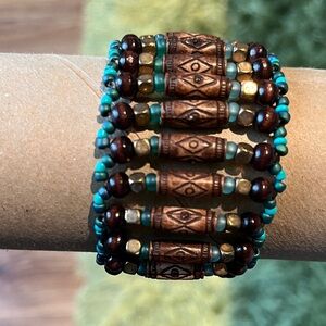 Boho Turquoise & Bronze Multi-Strand Beaded Bracelet